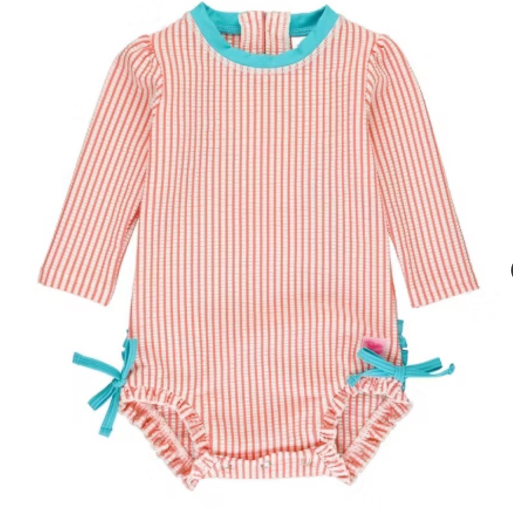 RuffleButts Baby Girls Seersucker Long Sleeve UPF50+ One Piece Rash Guard 0-3M